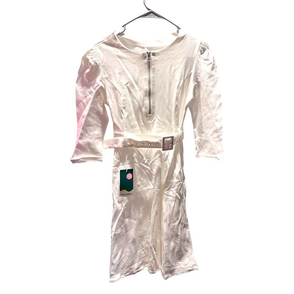 Halara White Belted A-Line Dress With 3/4 Sleeves, Pockets & Front Zipper Size S - Picture 2 of 4